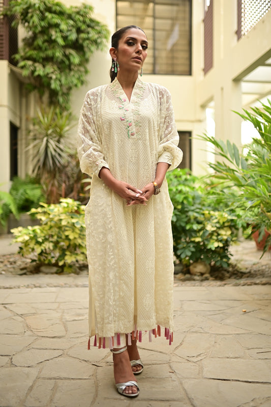 Pastel Blonde Long Kurta with Trousers